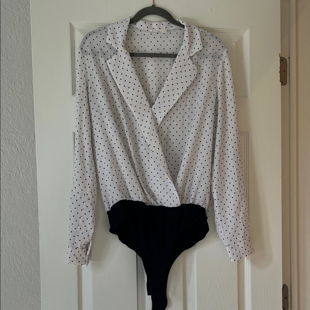 Lush Black and White Polka Dot Wrap Bodysuit